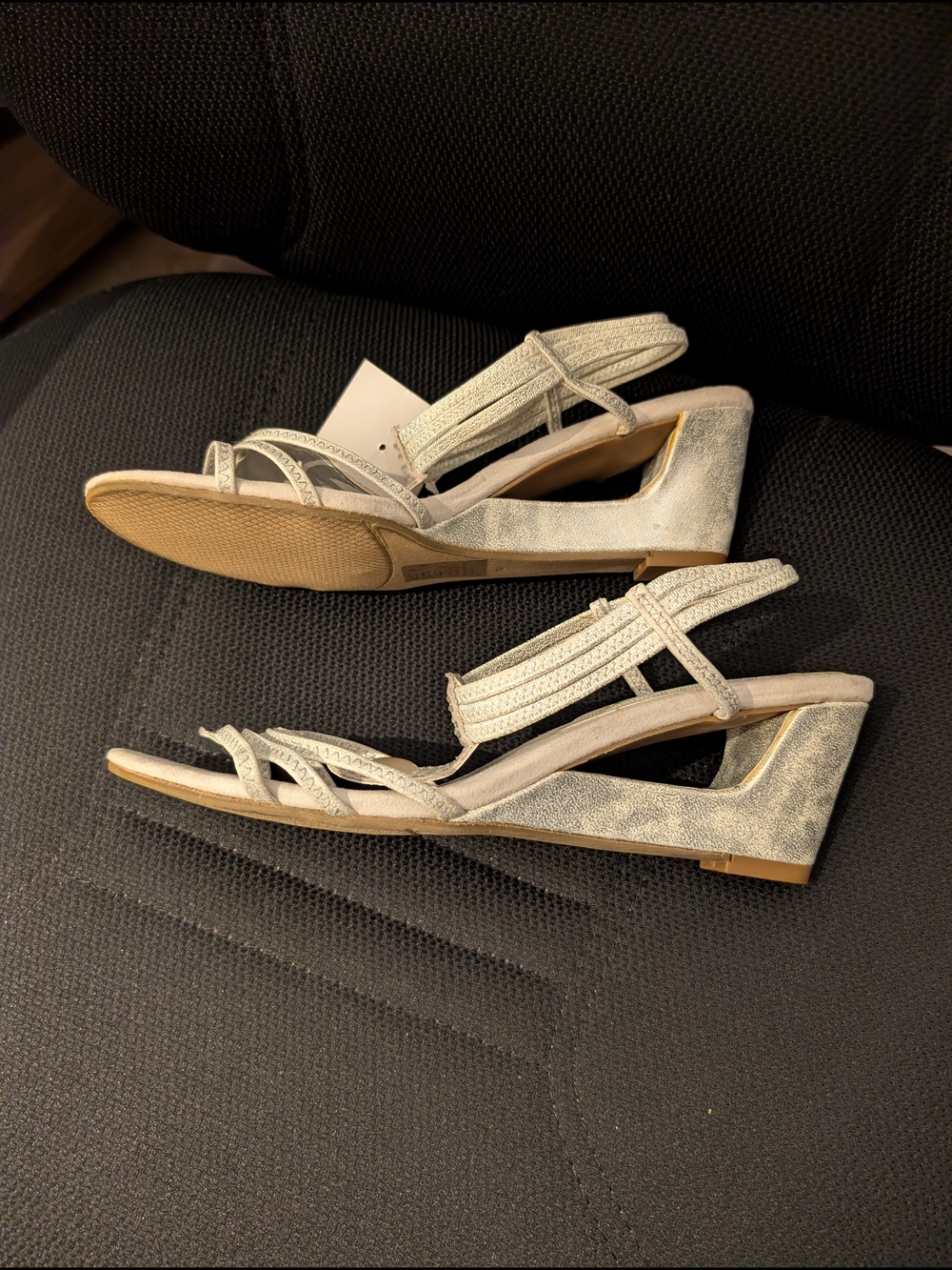 New York Transit Metallic Silver Low Wedge Strappy Sandals